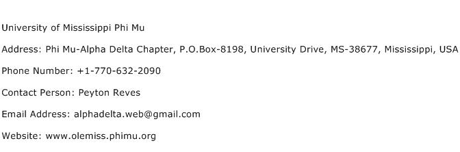University of Mississippi Phi Mu Address Contact Number