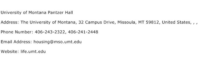 University of Montana Pantzer Hall Address Contact Number