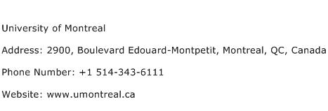 University of Montreal Address Contact Number