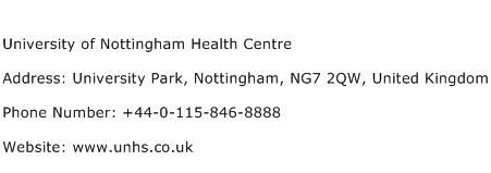 University of Nottingham Health Centre Address Contact Number