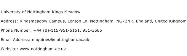 University of Nottingham Kings Meadow Address Contact Number