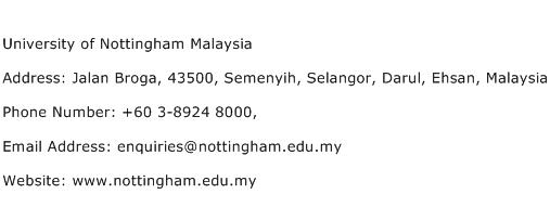 University of Nottingham Malaysia Address Contact Number