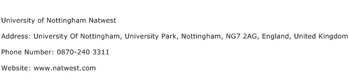 University of Nottingham Natwest Address Contact Number