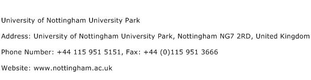 University of Nottingham University Park Address Contact Number