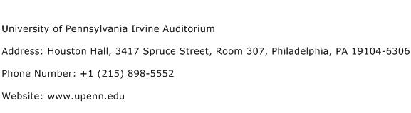 University of Pennsylvania Irvine Auditorium Address Contact Number