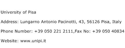 University of Pisa Address Contact Number