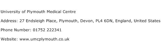 University of Plymouth Medical Centre Address Contact Number