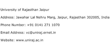 University of Rajasthan Jaipur Address Contact Number