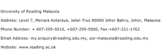 University of Reading Malaysia Address Contact Number