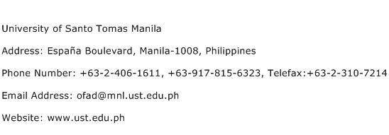 University of Santo Tomas Manila Address Contact Number