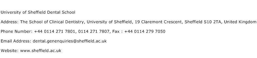 University of Sheffield Dental School Address Contact Number