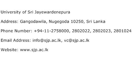 University of Sri Jayewardenepura Address Contact Number