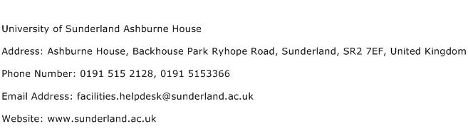 University of Sunderland Ashburne House Address Contact Number