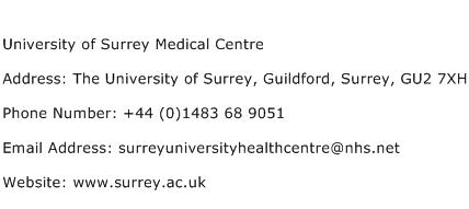 University of Surrey Medical Centre Address Contact Number