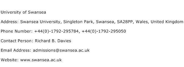 University of Swansea Address Contact Number
