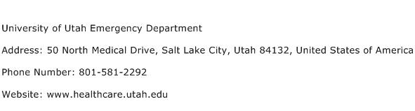 University of Utah Emergency Department Address Contact Number