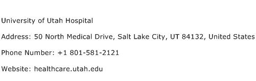 University of Utah Hospital Address Contact Number