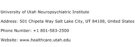 University of Utah Neuropsychiatric Institute Address Contact Number