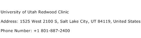 University of Utah Redwood Clinic Address Contact Number