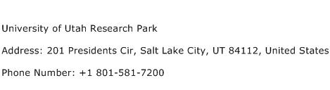 University of Utah Research Park Address Contact Number