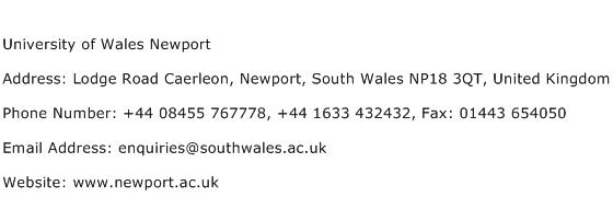 University of Wales Newport Address Contact Number