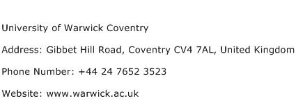 University of Warwick Coventry Address Contact Number