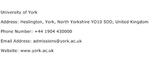 University of York Address Contact Number
