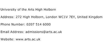 University of the Arts High Holborn Address Contact Number
