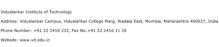 Vidyalankar Institute of Technology Address Contact Number
