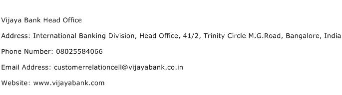 Vijaya Bank Head Office Address Contact Number