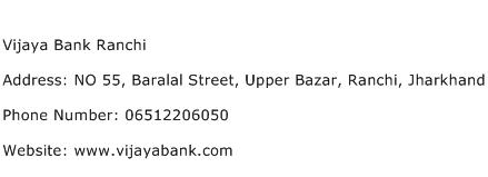 Vijaya Bank Ranchi Address Contact Number