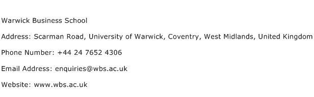 Warwick Business School Address Contact Number