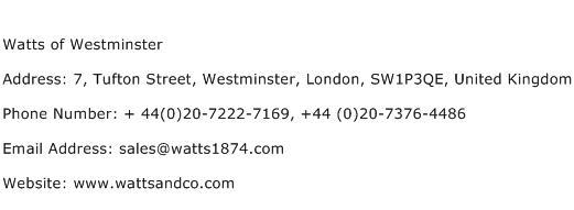 Watts of Westminster Address Contact Number