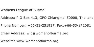 Womens League of Burma Address Contact Number