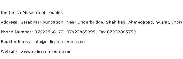 the Calico Museum of Textiles Address Contact Number