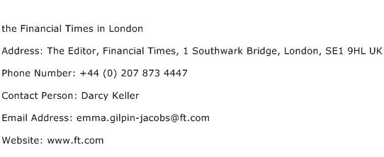 the Financial Times in London Address Contact Number